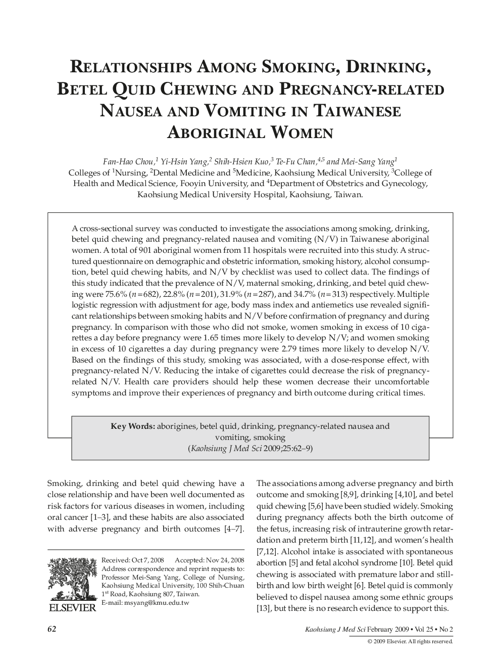 Relationships Among Smoking, Drinking, Betel Quid Chewing and Pregnancy-Related Nausea and Vomiting in Taiwanese Aboriginal Women