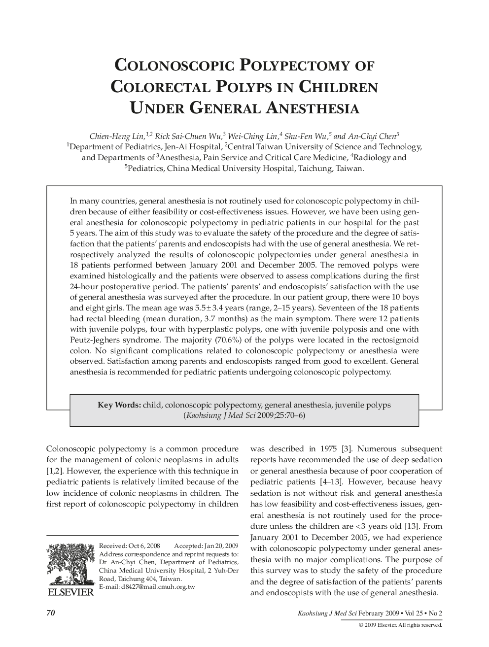 Colonoscopic Polypectomy of Colorectal Polyps in Children Under General Anesthesia