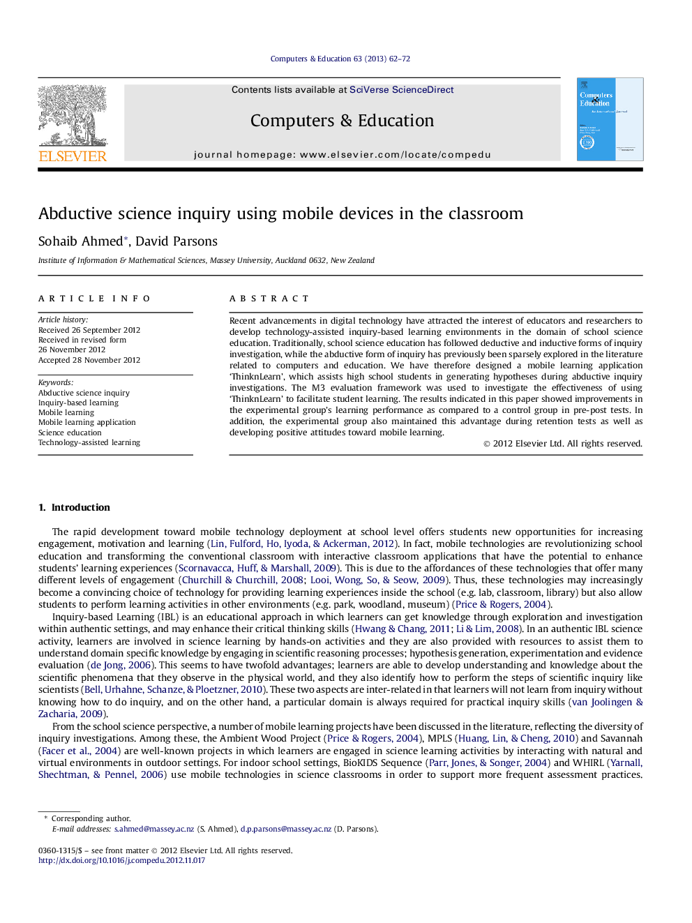 Abductive science inquiry using mobile devices in the classroom