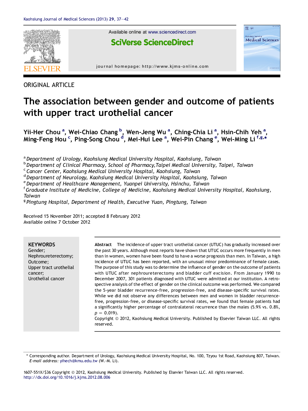 The association between gender and outcome of patients with upper tract urothelial cancer