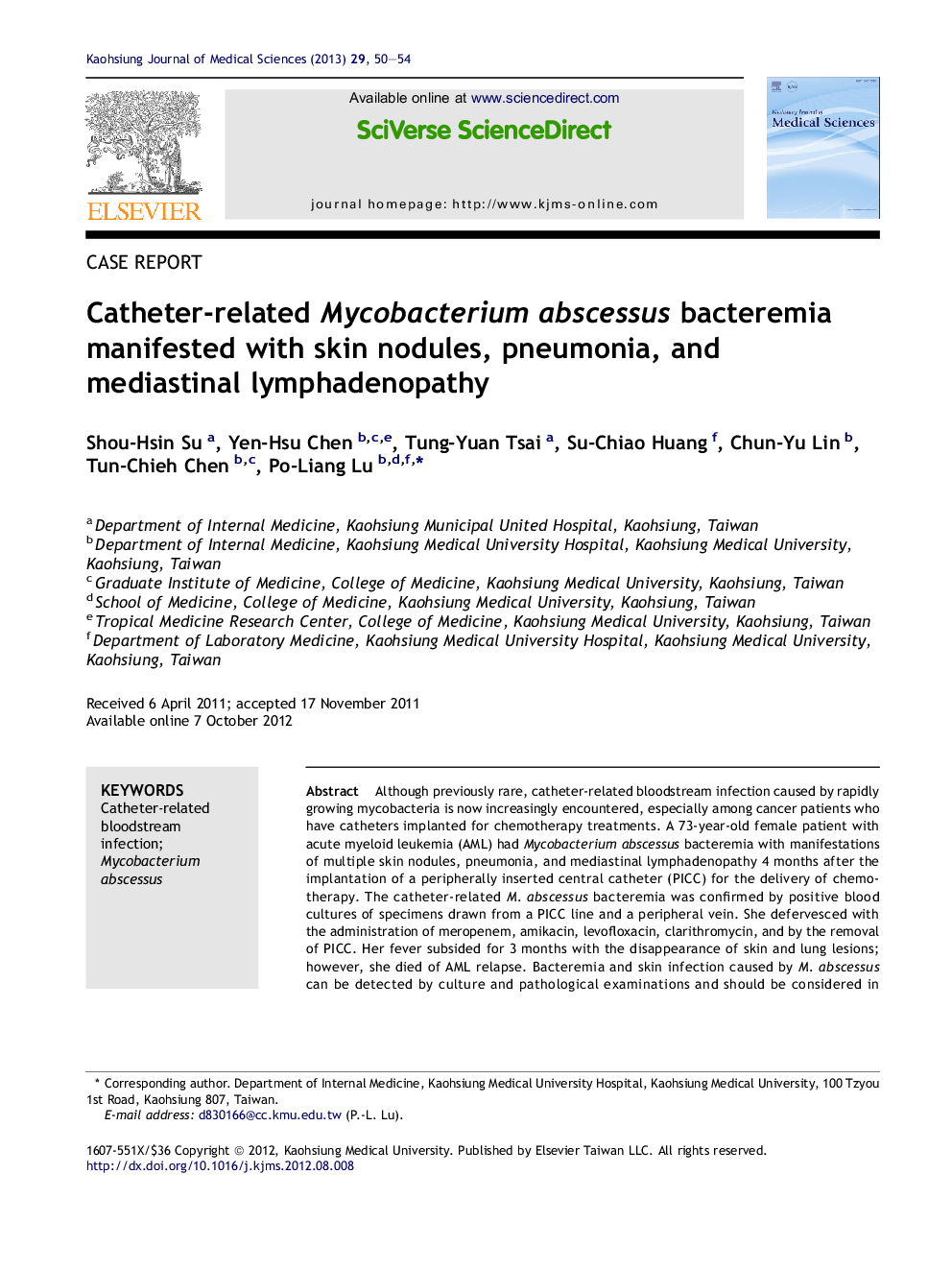 Catheter-related Mycobacterium abscessus bacteremia manifested with skin nodules, pneumonia, and mediastinal lymphadenopathy