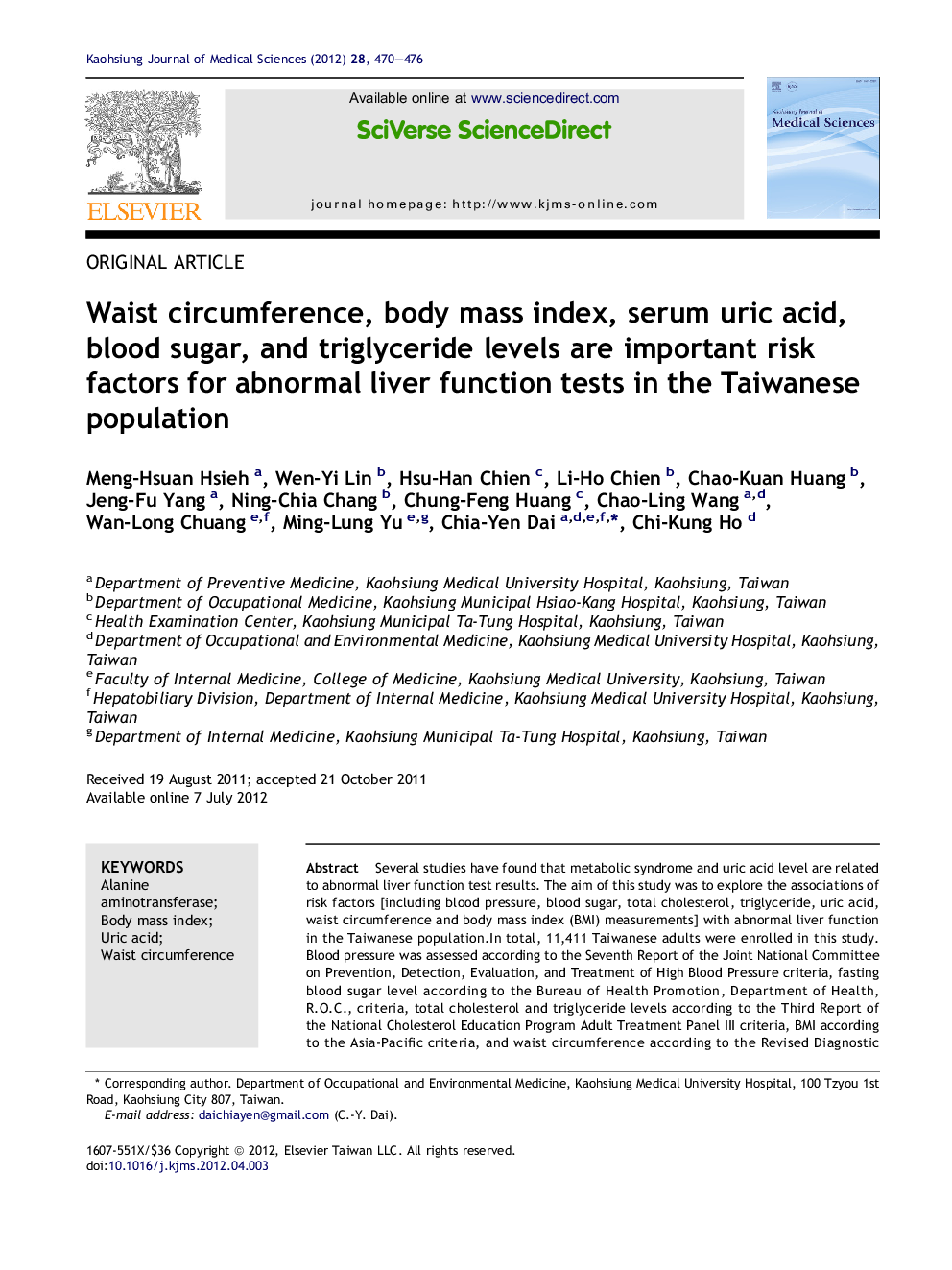 Waist circumference, body mass index, serum uric acid, blood sugar, and triglyceride levels are important risk factors for abnormal liver function tests in the Taiwanese population