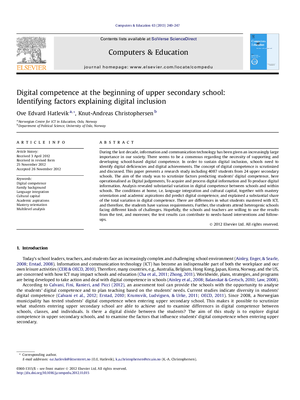 Digital competence at the beginning of upper secondary school: Identifying factors explaining digital inclusion