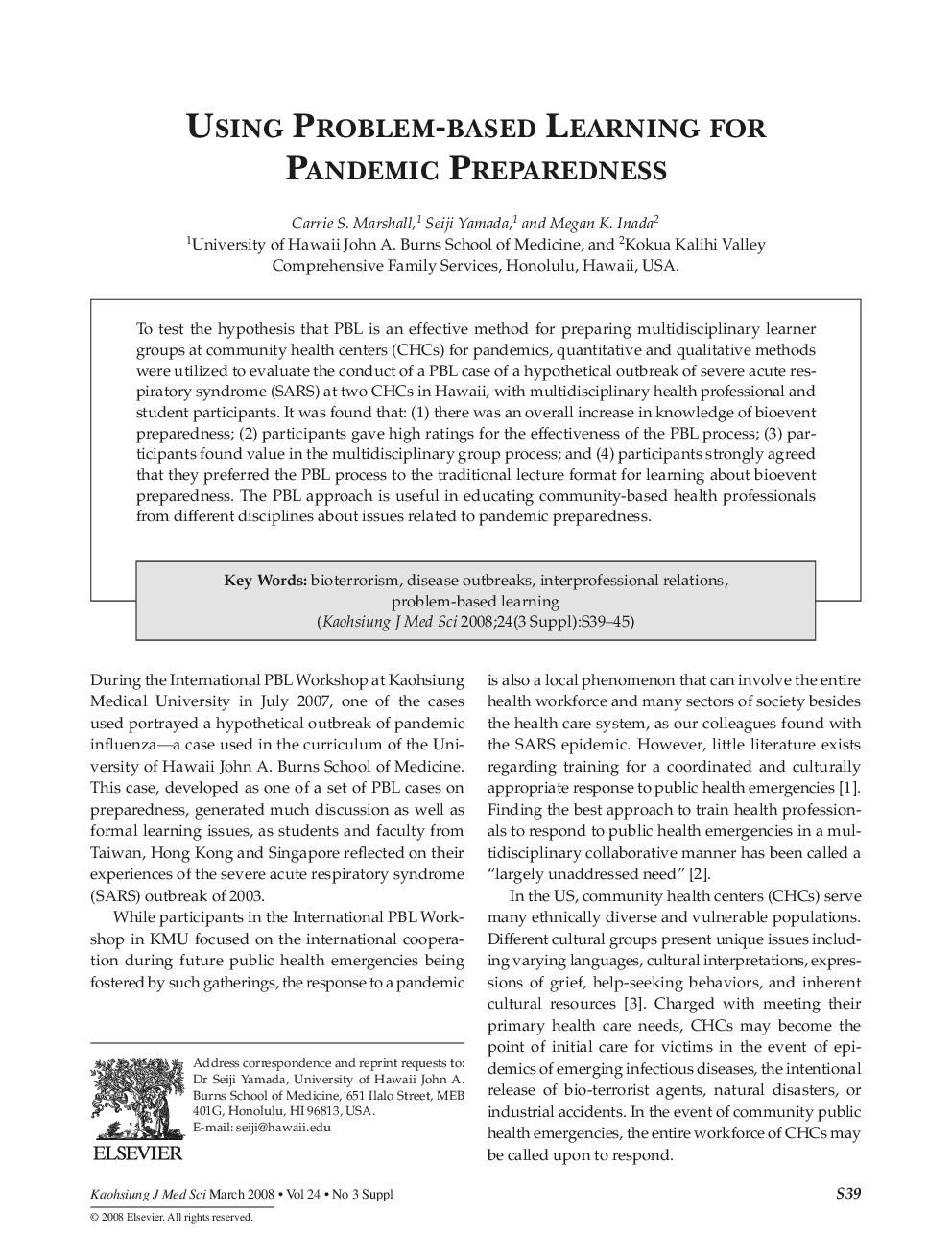 عکس صفحه اول مقاله: Using Problem-based Learning for Pandemic Preparedness Using Problem-based Learning for Pandemic Preparedness