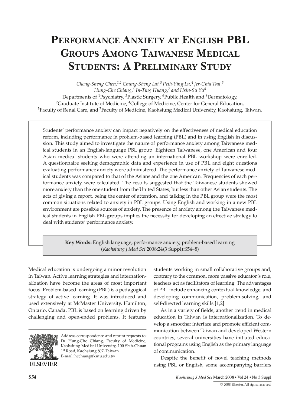 عکس صفحه اول مقاله: Performance Anxiety at English PBL Groups Among Taiwanese Medical Students: A Preliminary Study Performance Anxiety at English PBL Groups Among Taiwanese Medical Students: A Preliminary Study
