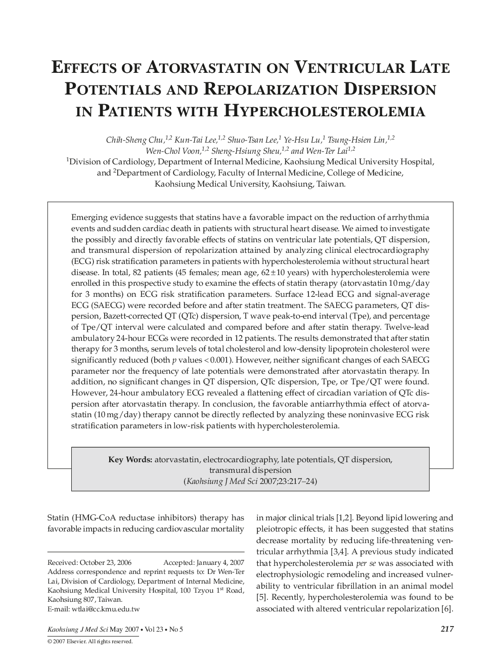 Effects of Atorvastatin on Ventricular Late Potentials and Repolarization Dispersion in Patients with Hypercholesterolemia