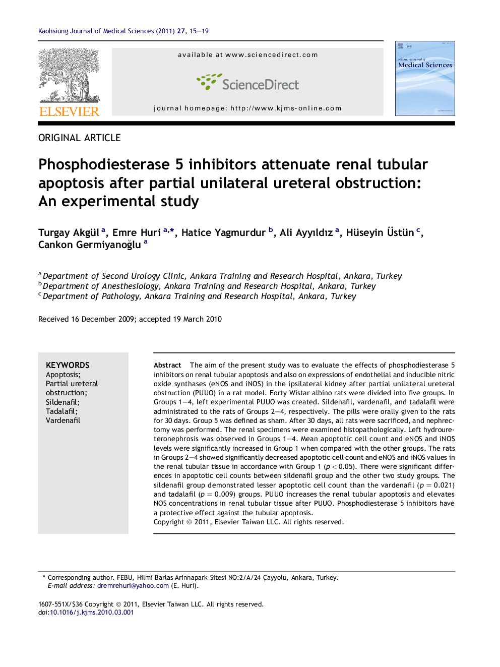 Phosphodiesterase 5 inhibitors attenuate renal tubular apoptosis after partial unilateral ureteral obstruction: An experimental study