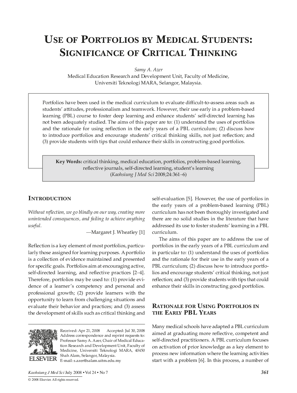 Use of Portfolios by Medical Students: Significance of Critical Thinking