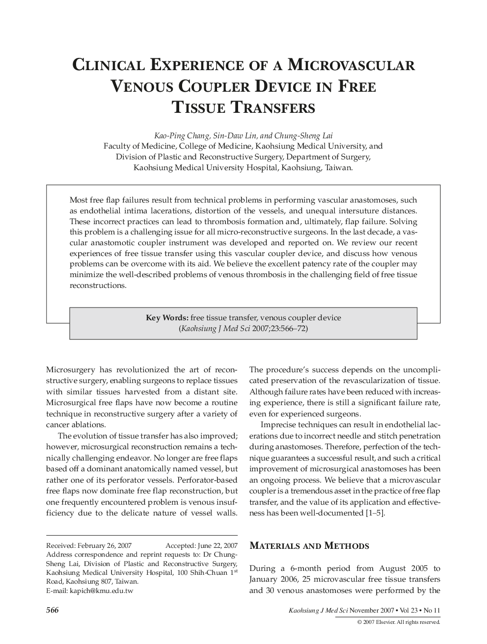 Clinical Experience of a Microvascular Venous Coupler Device in Free Tissue Transfers