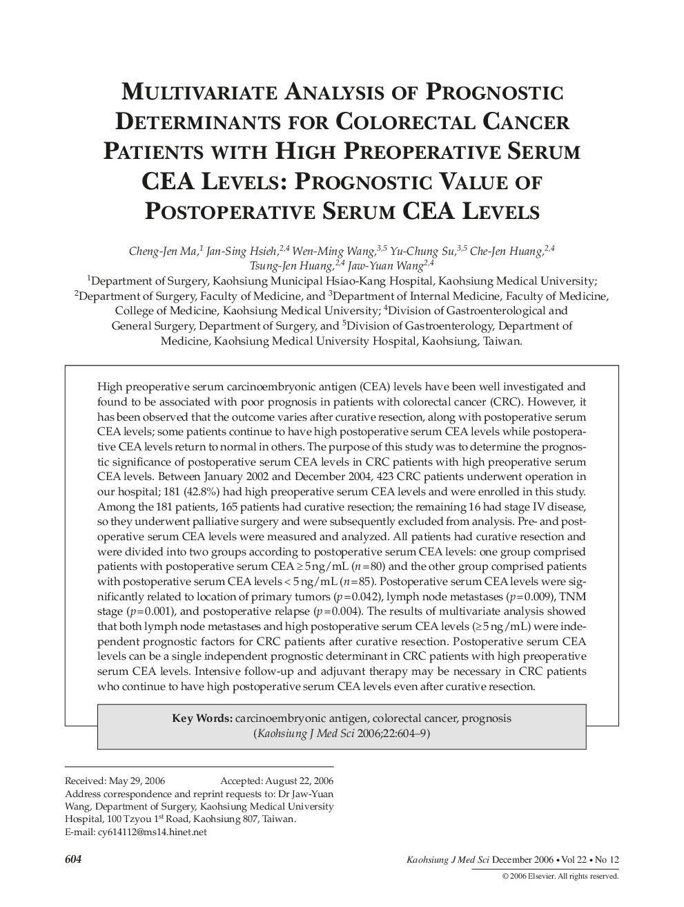 Multivariate Analysis of Prognostic Determinants for Colorectal Cancer Patients with High Preoperative Serum CEA Levels: Prognostic Value of Postoperative Serum CEA Levels