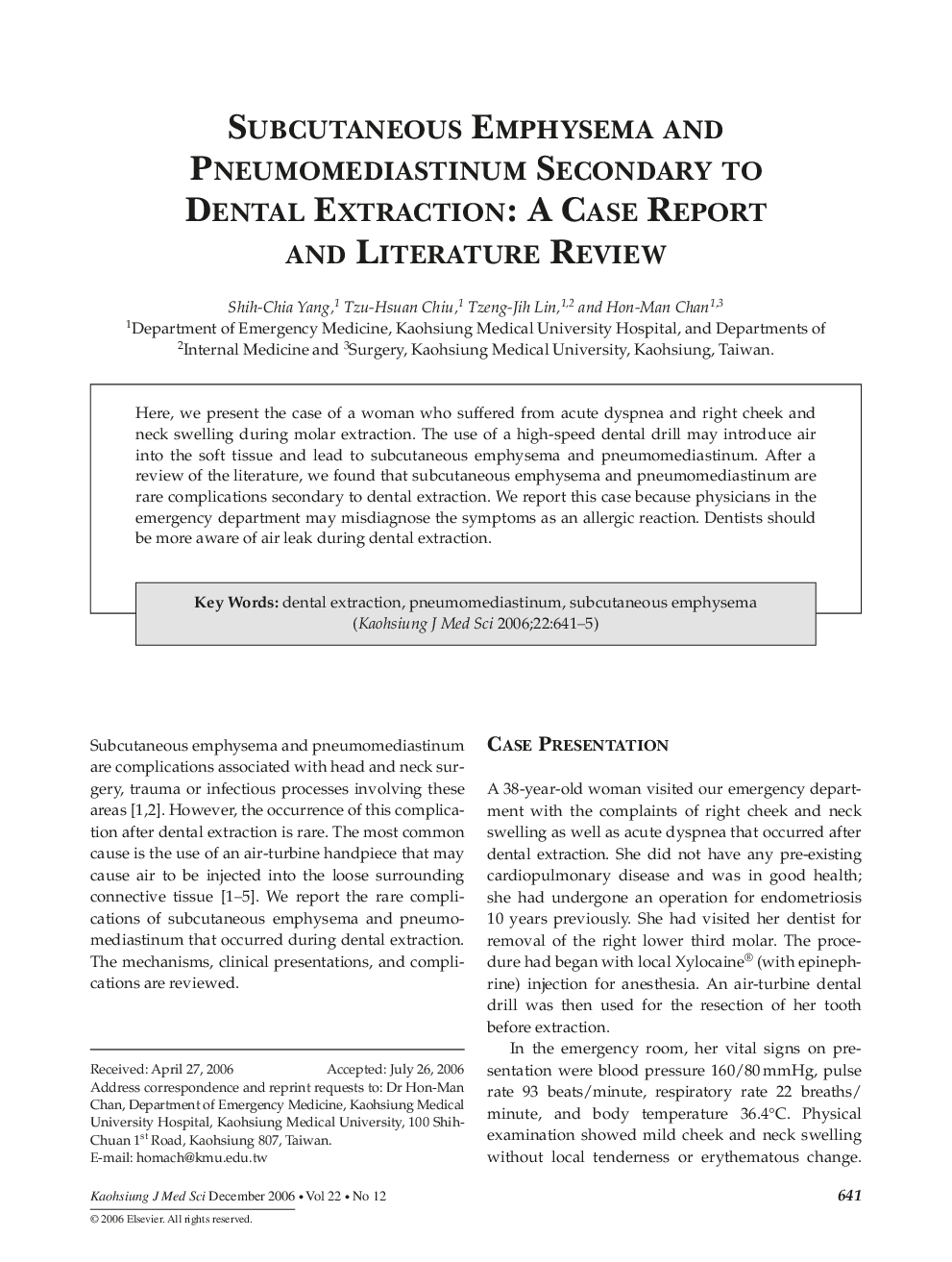عکس صفحه اول مقاله: Subcutaneous Emphysema and Pneumomediastinum Secondary to Dental Extraction: A Case Report and Literature Review Subcutaneous Emphysema and Pneumomediastinum Secondary to Dental Extraction: A Case Report and Literature Review