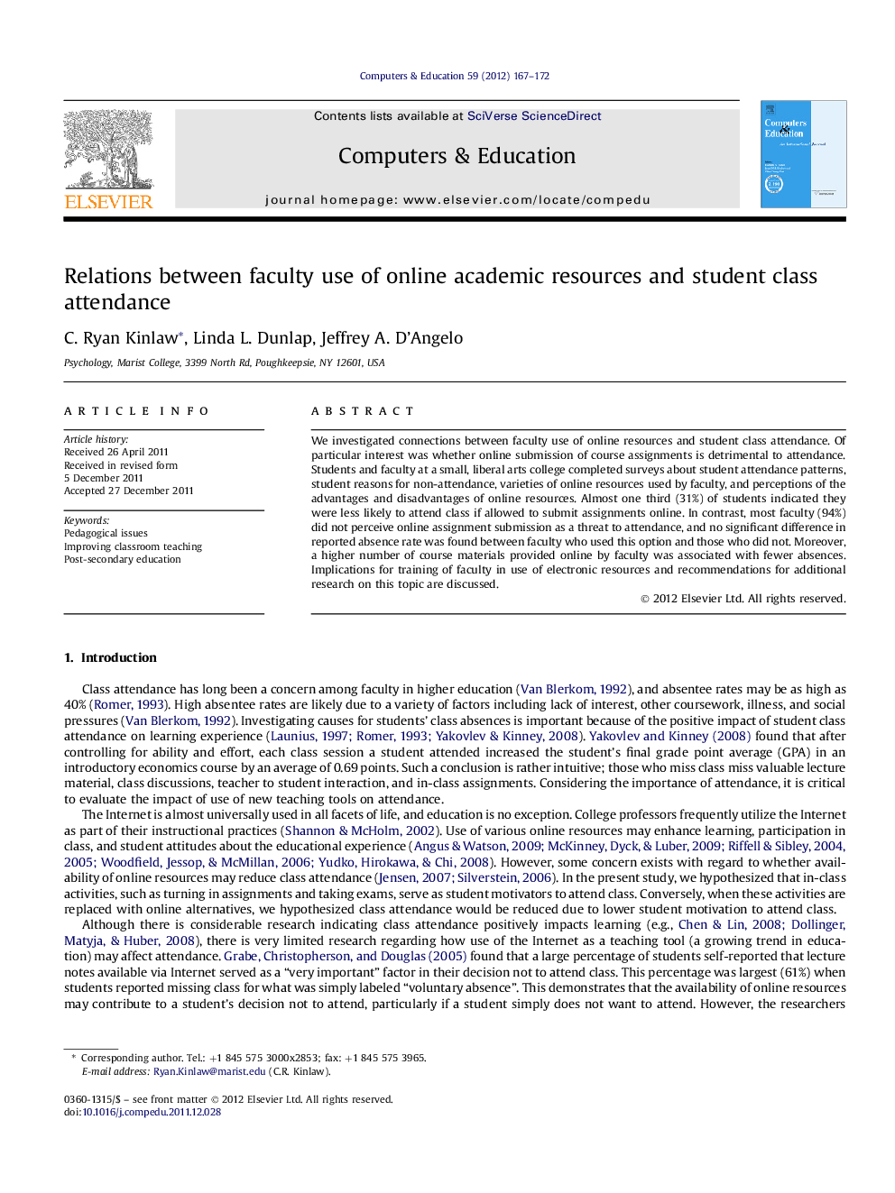 Relations between faculty use of online academic resources and student class attendance