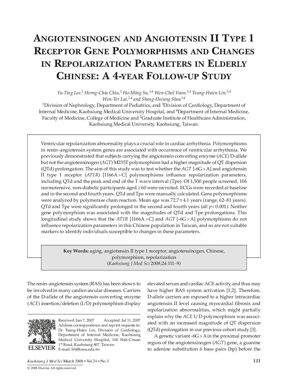 Angiotensinogen and Angiotensin II Type 1 Receptor Gene Polymorphisms and Changes in Repolarization Parameters in Elderly Chinese: A 4-Year Follow-up Study