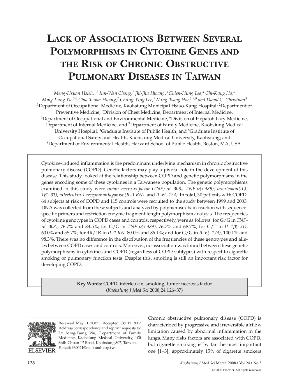 Lack of Associations Between Several Polymorphisms in Cytokine Genes and the Risk of Chronic Obstructive Pulmonary Diseases in Taiwan