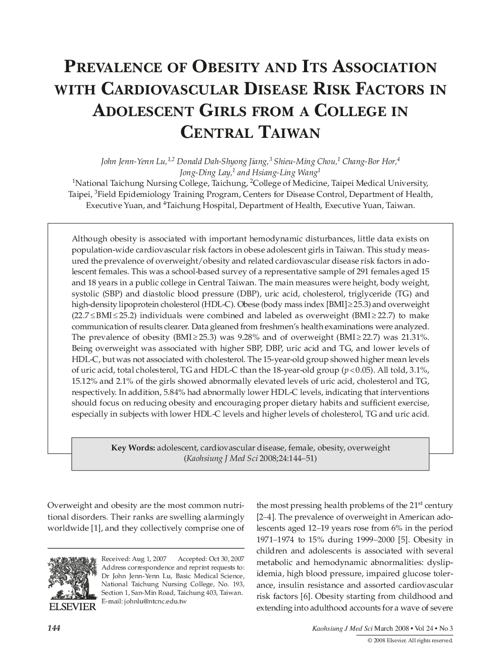 Prevalence of Obesity and Its Association with Cardiovascular Disease Risk Factors in Adolescent Girls from a College in Central Taiwan