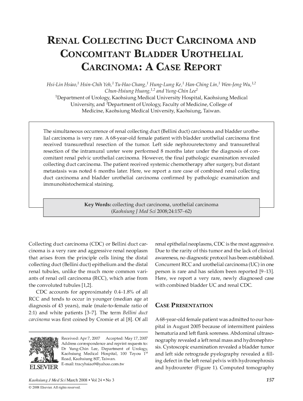 Renal Collecting Duct Carcinoma and Concomitant Bladder Urothelial Carcinoma: A Case Report