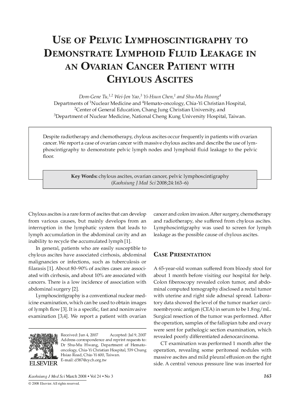 Use of Pelvic Lymphoscintigraphy to Demonstrate Lymphoid Fluid Leakage in an Ovarian Cancer Patient with Chylous Ascites