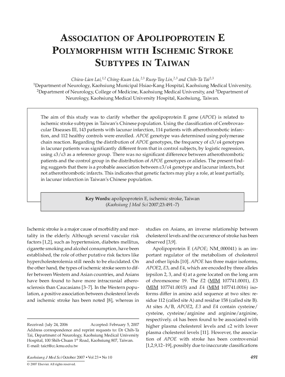 Association of Apolipoprotein E Polymorphism with Ischemic Stroke Subtypes in Taiwan