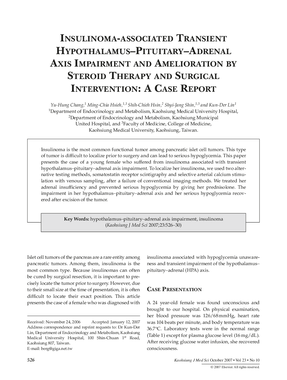 Insulinoma-associated Transient Hypothalamus—Pituitary—Adrenal Axis Impairment and Amelioration by Steroid Therapy and Surgical Intervention: A Case Report
