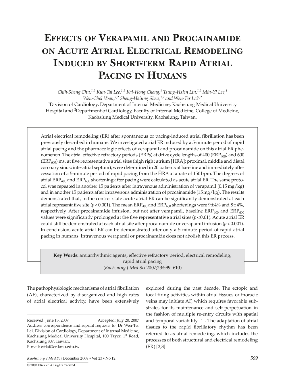 Effects of Verapamil and Procainamide on Acute Atrial Electrical Remodeling Induced by Short-term Rapid Atrial Pacing in Humans