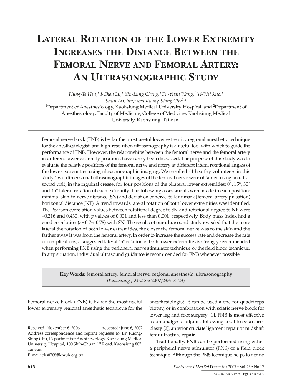 Lateral Rotation of the Lower Extremity Increases the Distance Between the Femoral Nerve and Femoral Artery: An Ultrasonographic Study