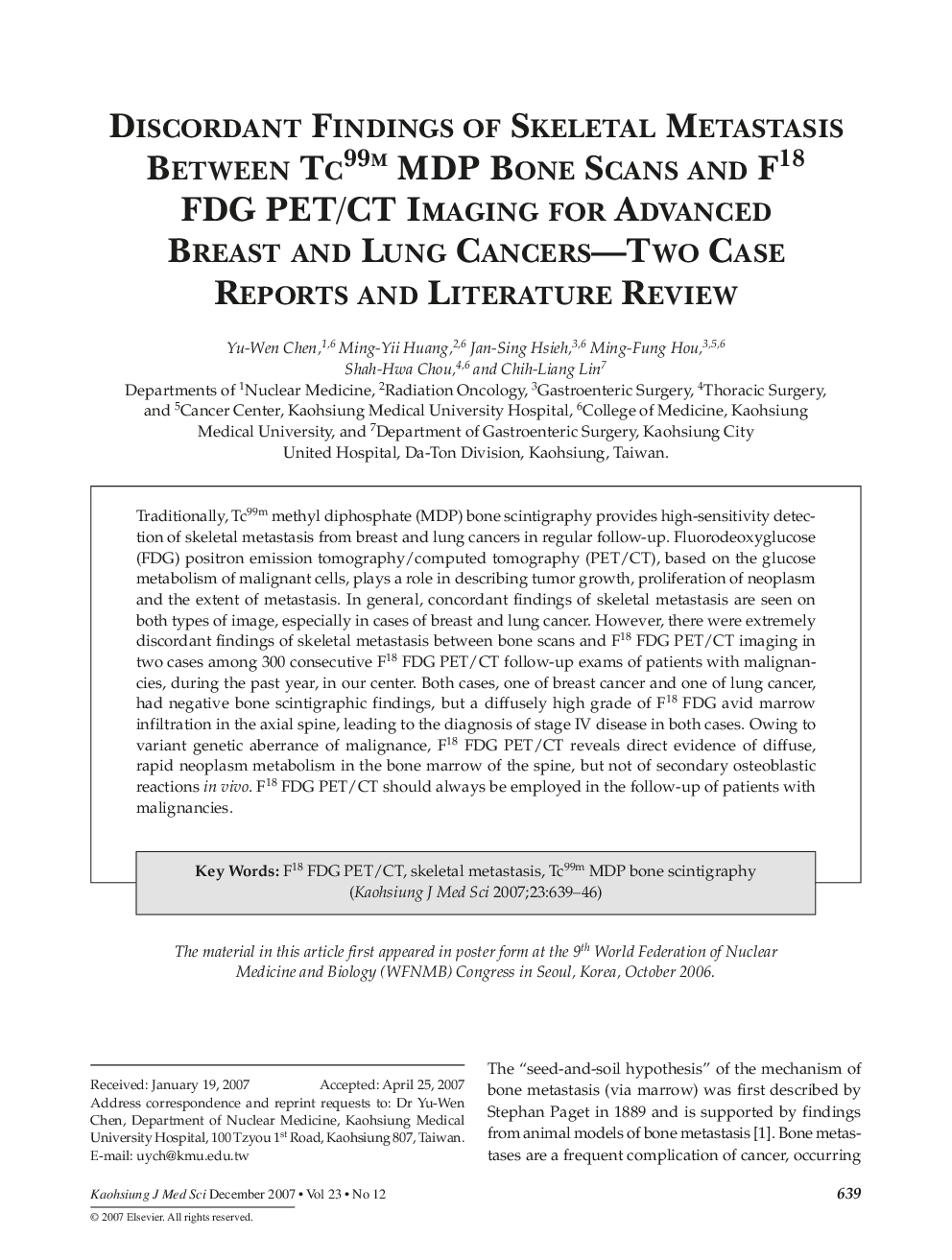 Discordant Findings of Skeletal Metastasis Between Tc99m MDP Bone Scans and F18 FDG PET/CT Imaging for Advanced Breast and Lung Cancers—Two Case Reports and Literature Review 