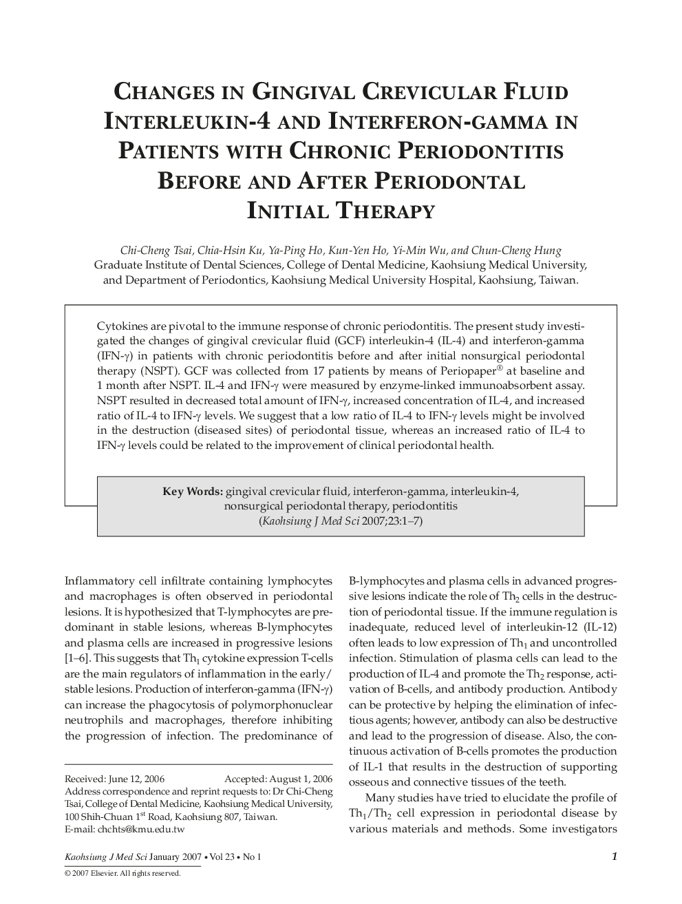 Changes in Gingival Crevicular Fluid Interleukin-4 and Interferon-gamma in Patients with Chronic Periodontitis Before and After Periodontal Initial Therapy