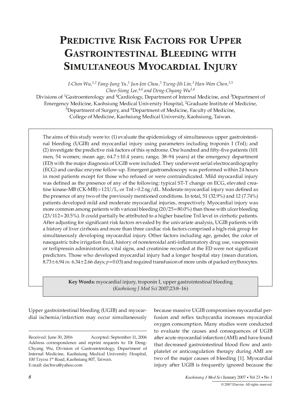 Predictive Risk Factors for Upper Gastrointestinal Bleeding with Simultaneous Myocardial Injury