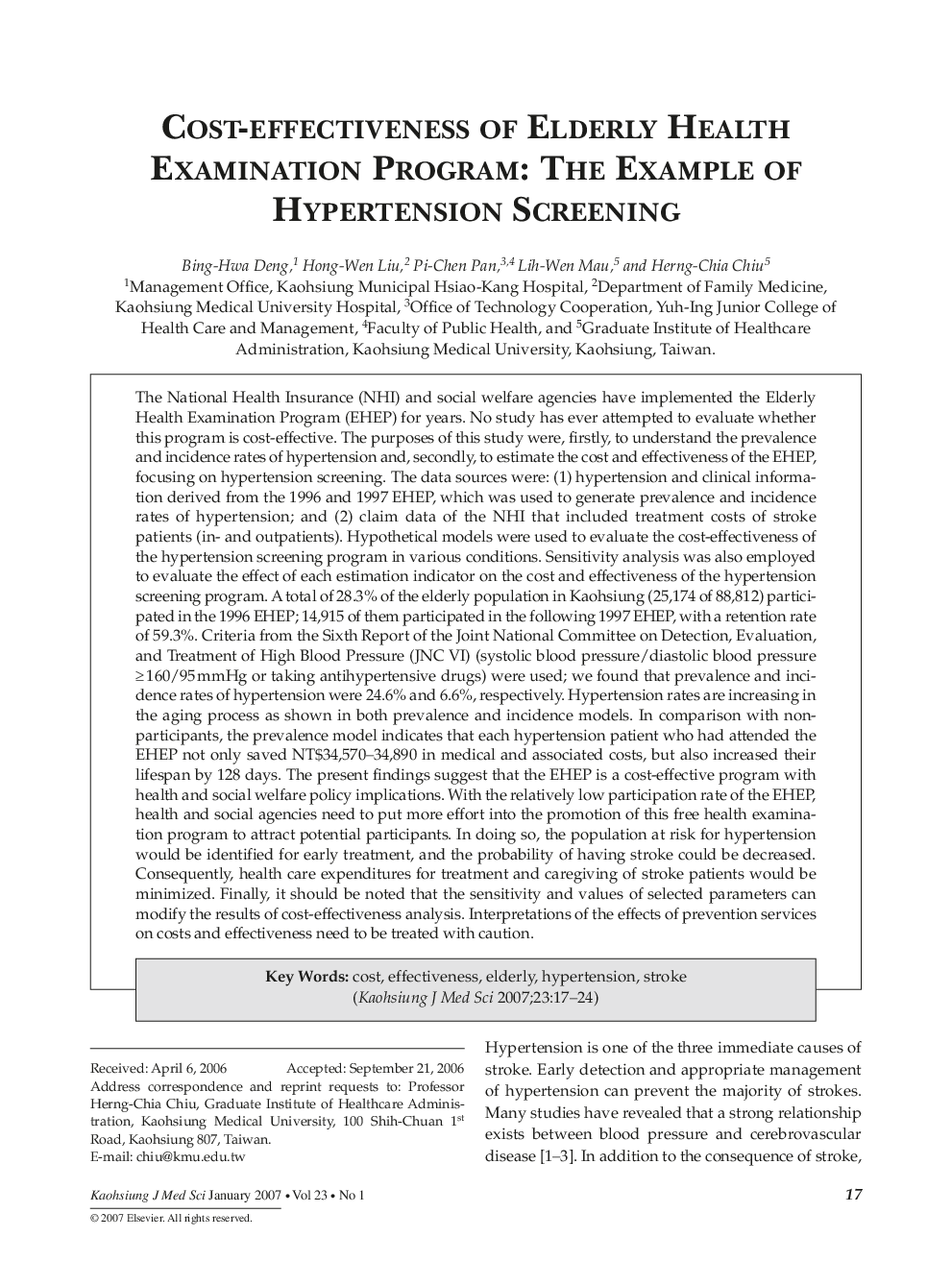 Cost-Effectiveness of Elderly Health Examination Program: The Example of Hypertension Screening
