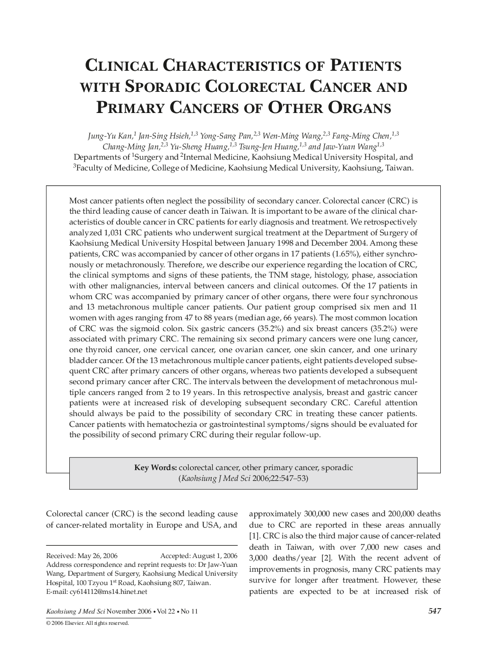 Clinical Characteristics of Patients with Sporadic Colorectal Cancer and Primary Cancers of Other Organs