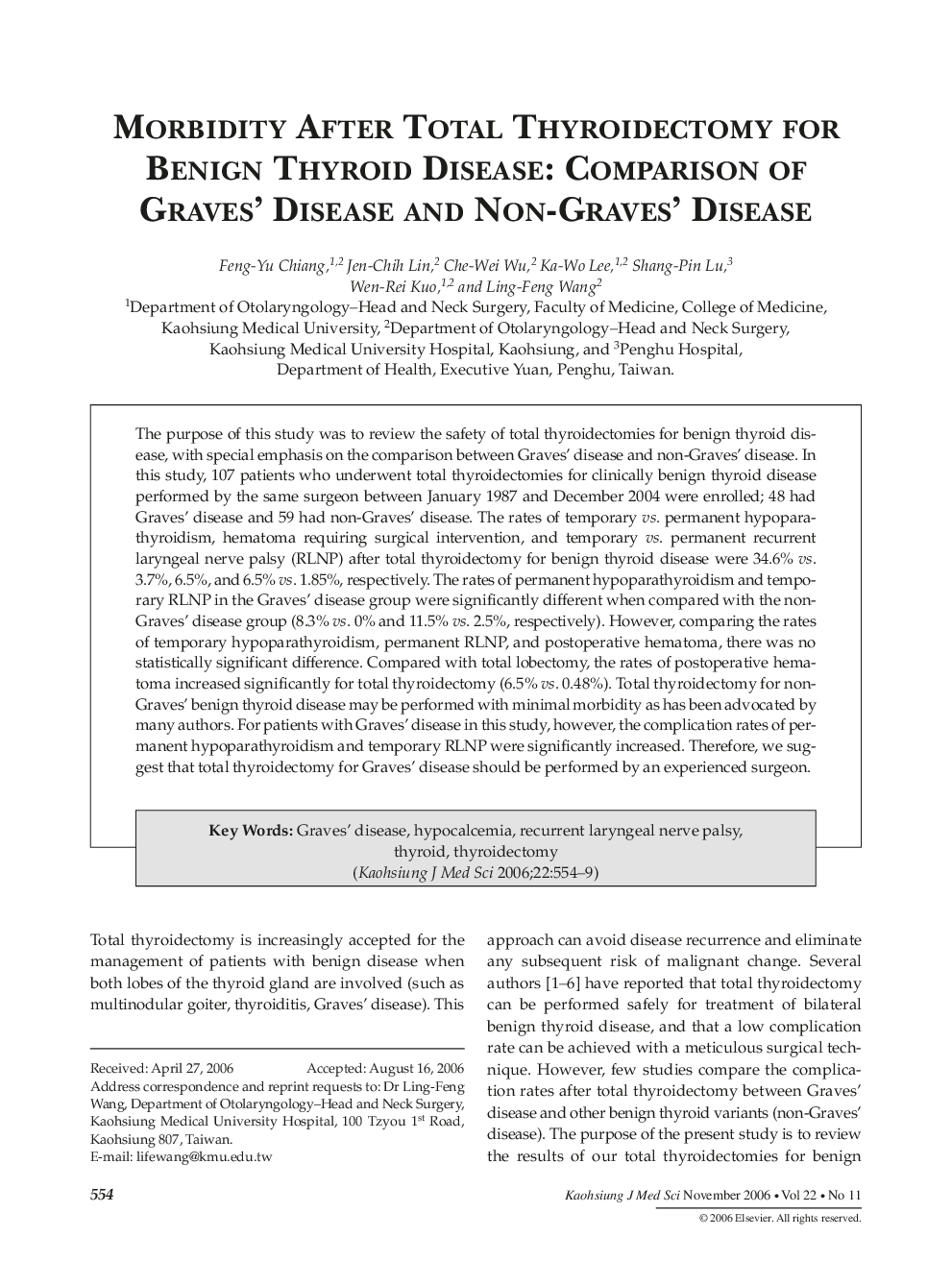 Morbidity After Total Thyroidectomy for Benign Thyroid Disease: Comparison of Graves' Disease and Non-Graves' Disease