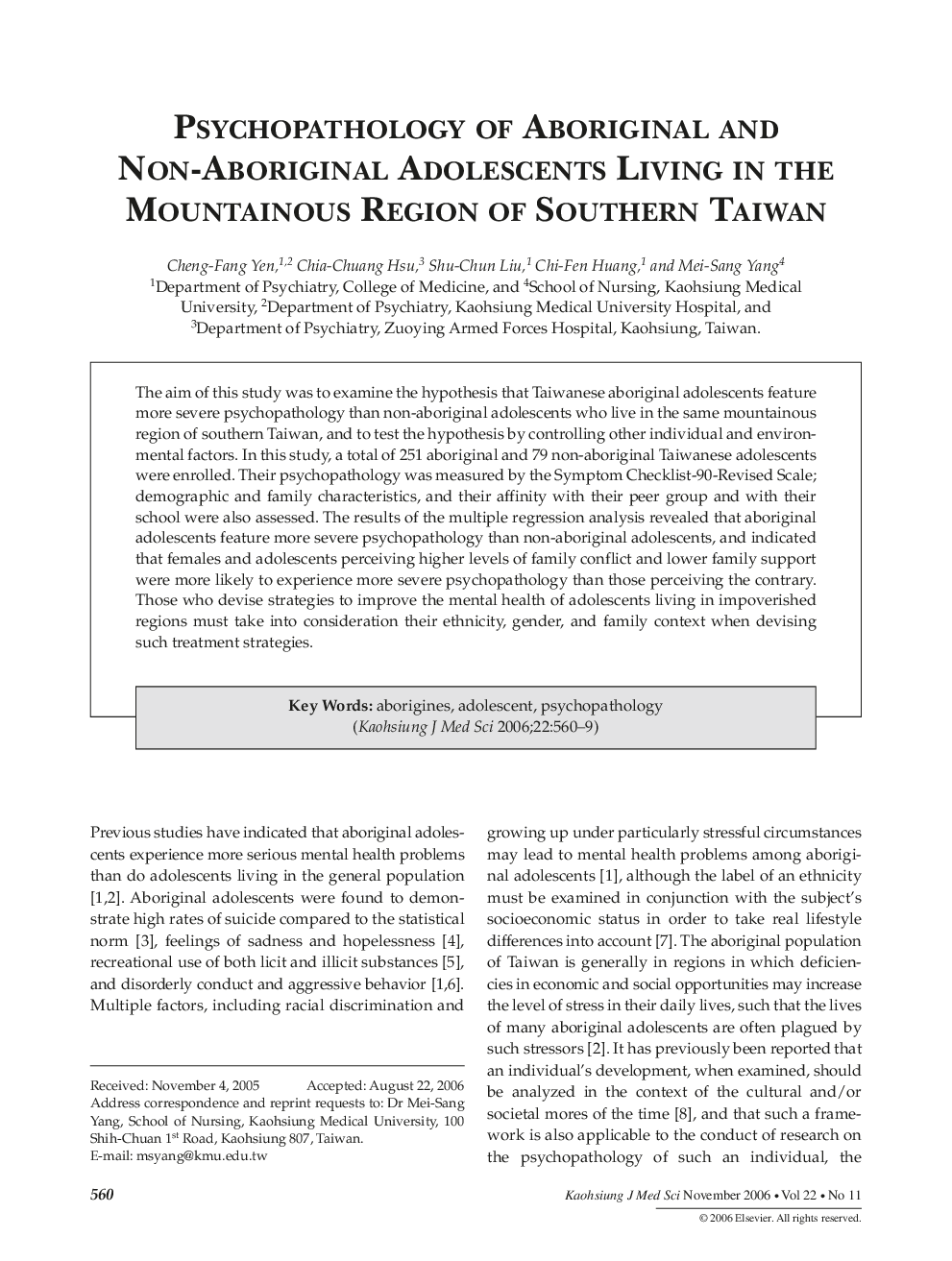 Psychopathology of Aboriginal and Non-Aboriginal Adolescents Living in the Mountainous Region of Southern Taiwan