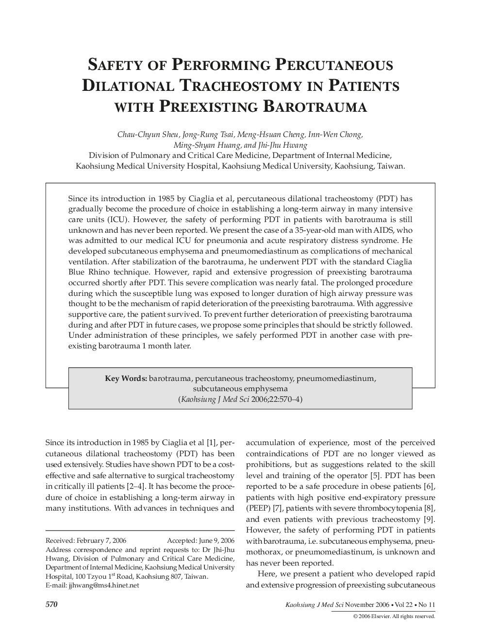 Safety of Performing Percutaneous Dilational Tracheostomy in Patients with Preexisting Barotrauma