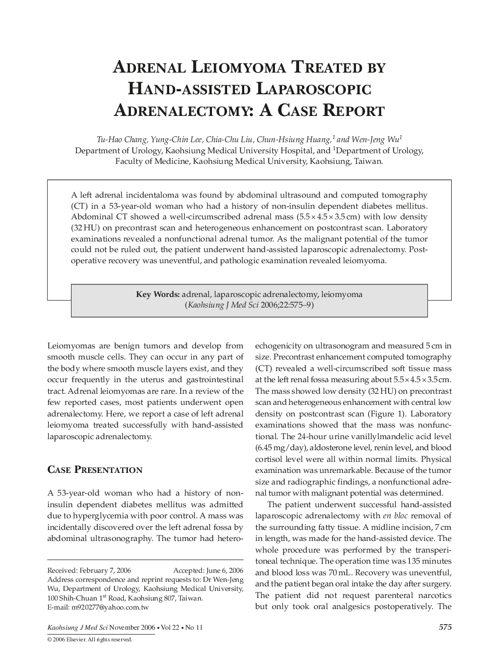 Adrenal Leiomyoma Treated by Hand-Assisted Laparoscopic Adrenalectomy: A Case Report