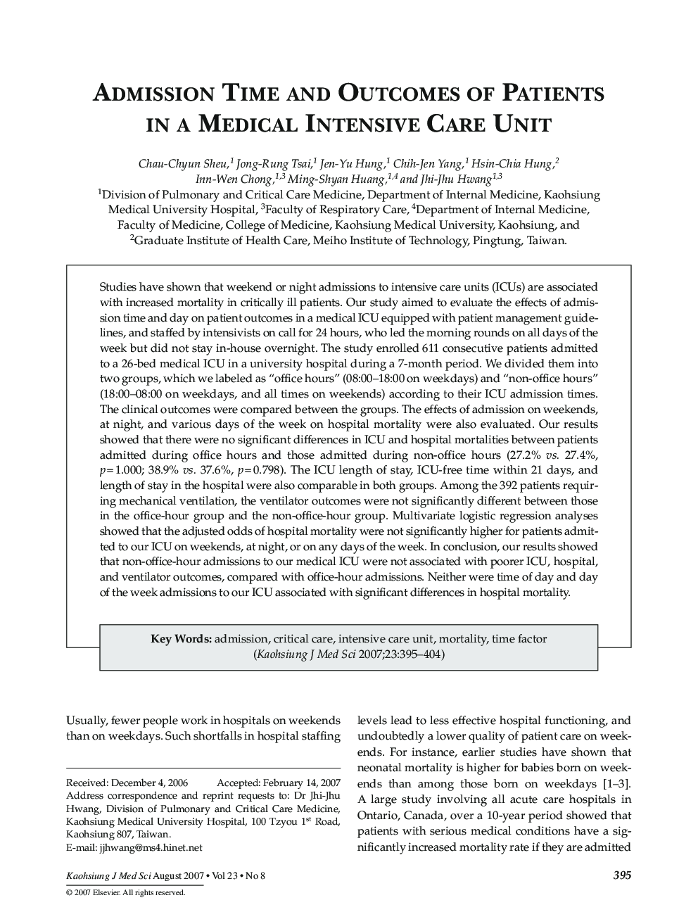 عکس صفحه اول مقاله: Admission Time and Outcomes of Patients in A Medical Intensive Care Unit Admission Time and Outcomes of Patients in A Medical Intensive Care Unit