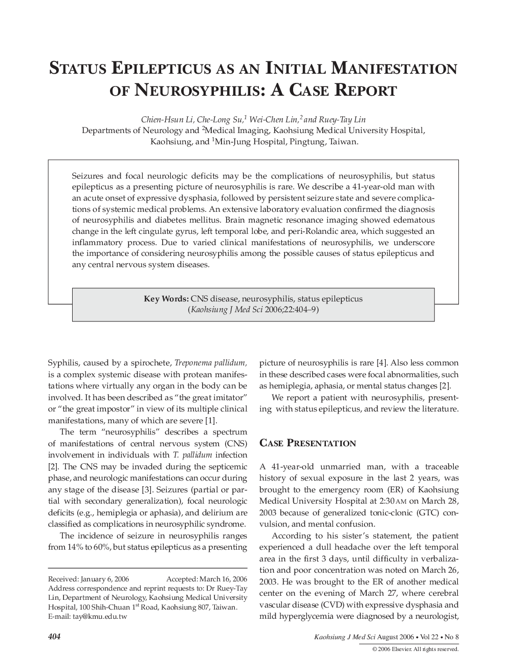 Status Epilepticus as an Initial Manifestation of Neurosyphilis: A Case Report