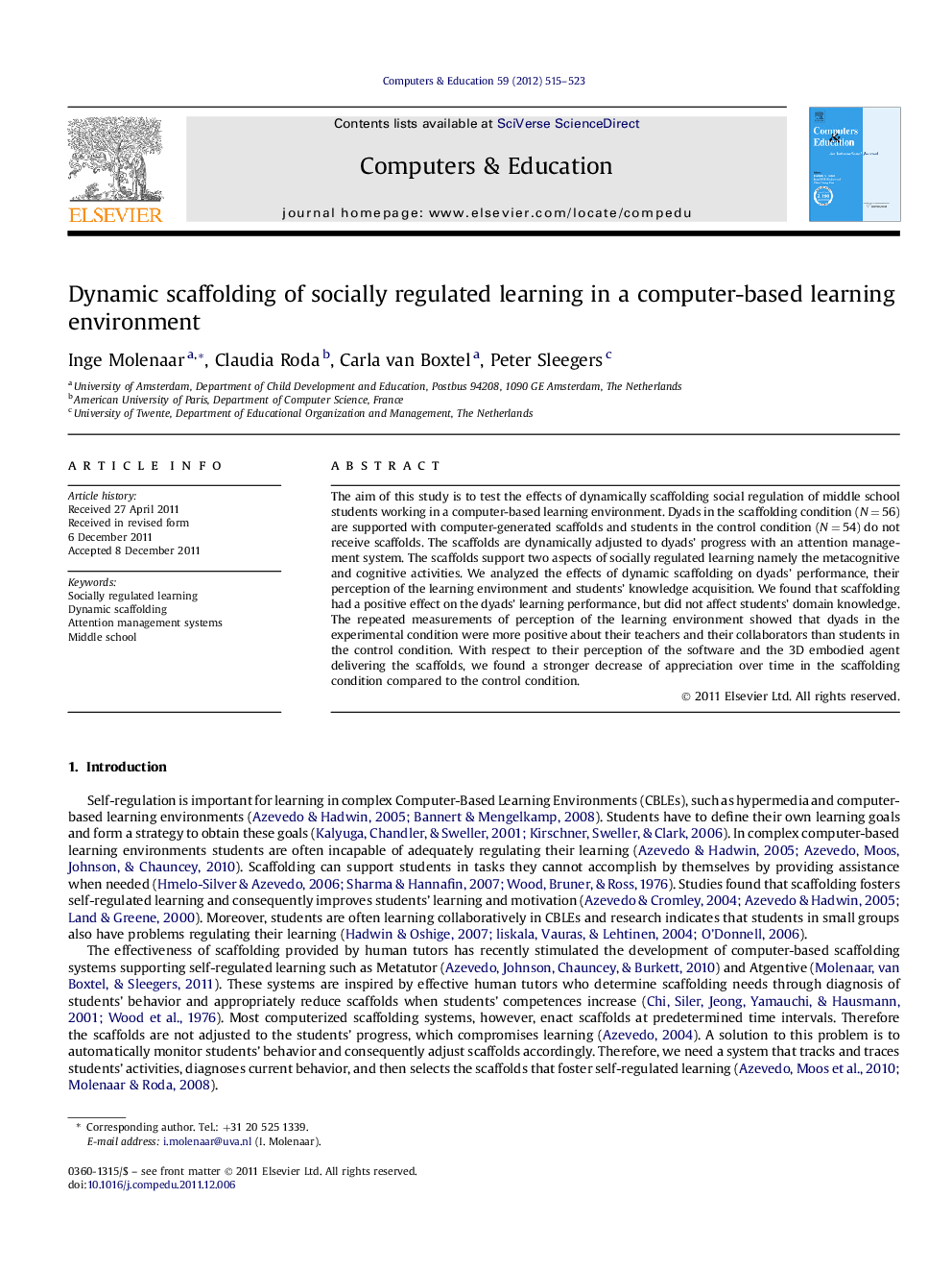 Dynamic scaffolding of socially regulated learning in a computer-based learning environment
