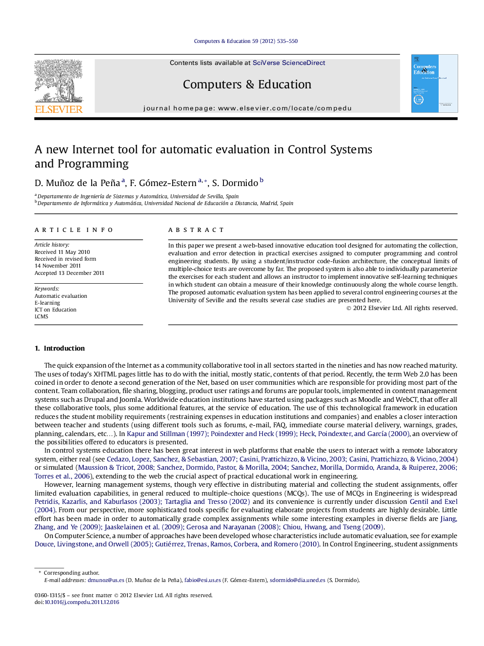 A new Internet tool for automatic evaluation in Control Systems and Programming