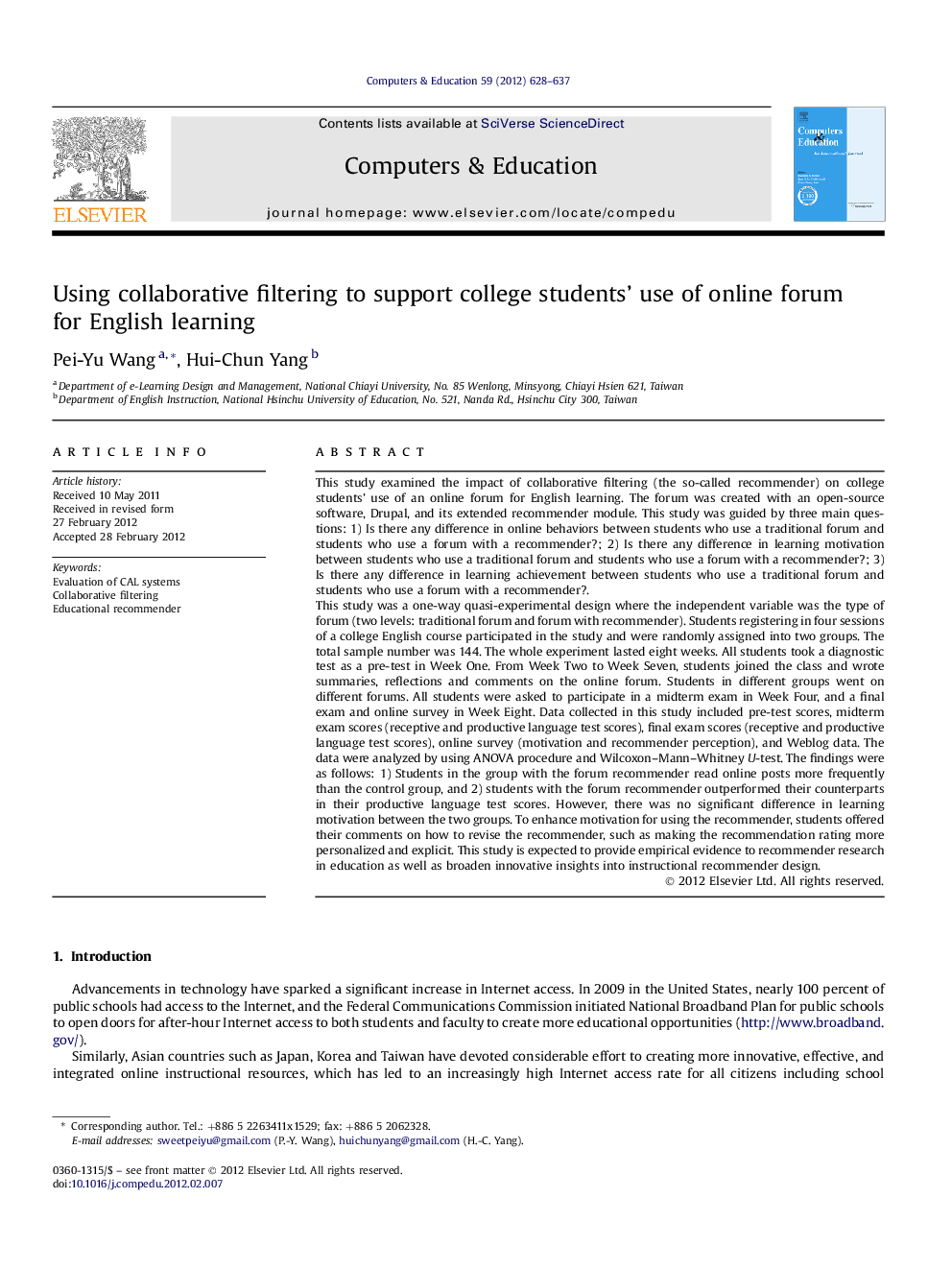 Using collaborative filtering to support college students’ use of online forum for English learning