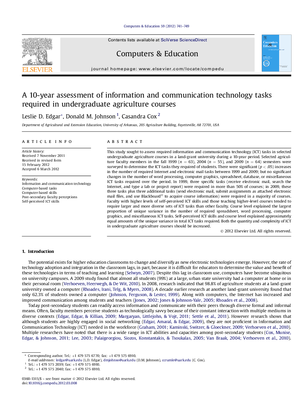 A 10-year assessment of information and communication technology tasks required in undergraduate agriculture courses