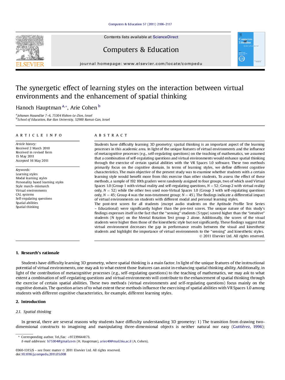 The synergetic effect of learning styles on the interaction between virtual environments and the enhancement of spatial thinking