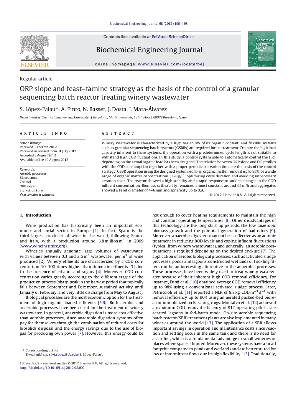 ORP slope and feast–famine strategy as the basis of the control of a granular sequencing batch reactor treating winery wastewater