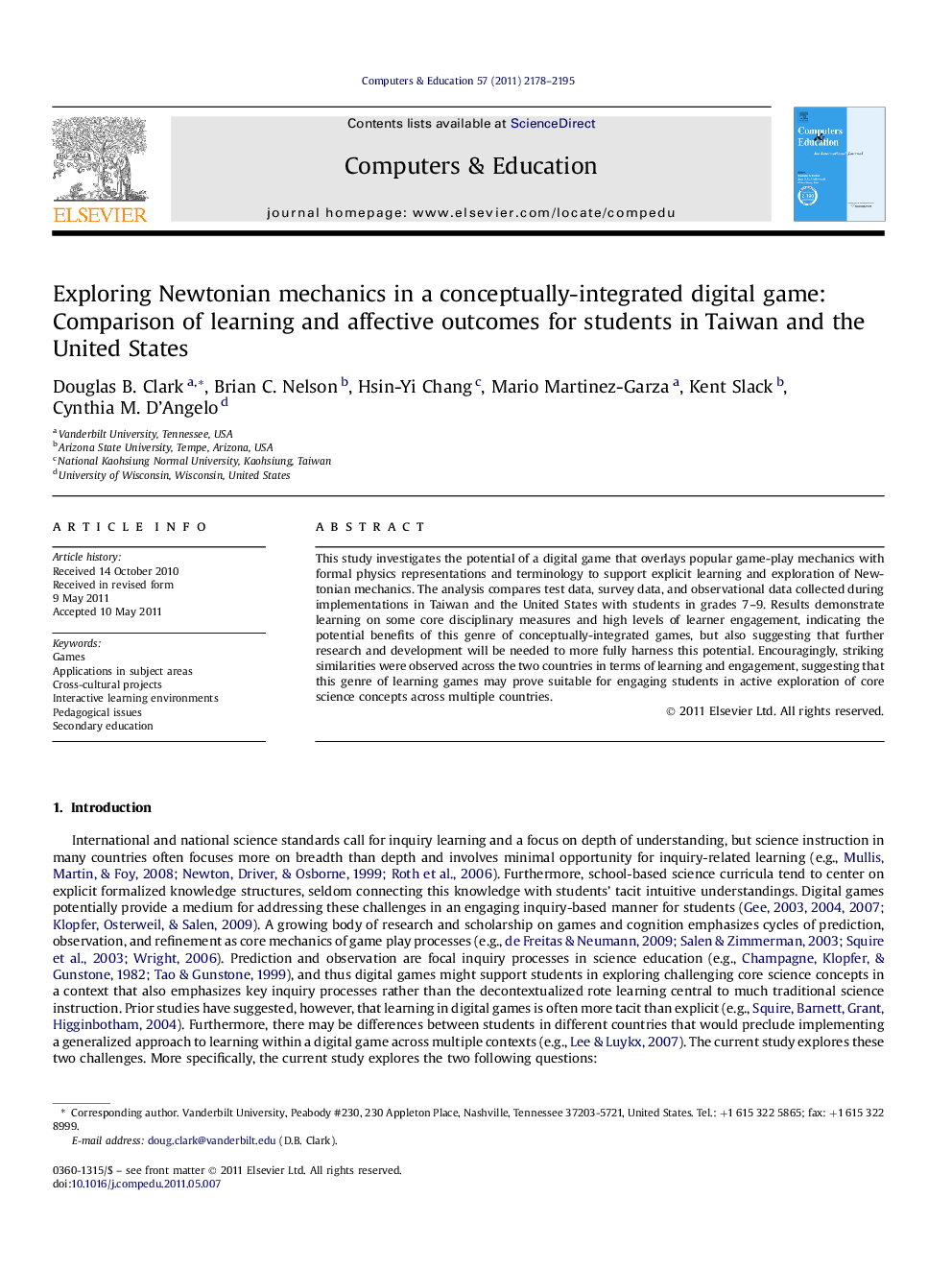 Exploring Newtonian mechanics in a conceptually-integrated digital game: Comparison of learning and affective outcomes for students in Taiwan and the United States