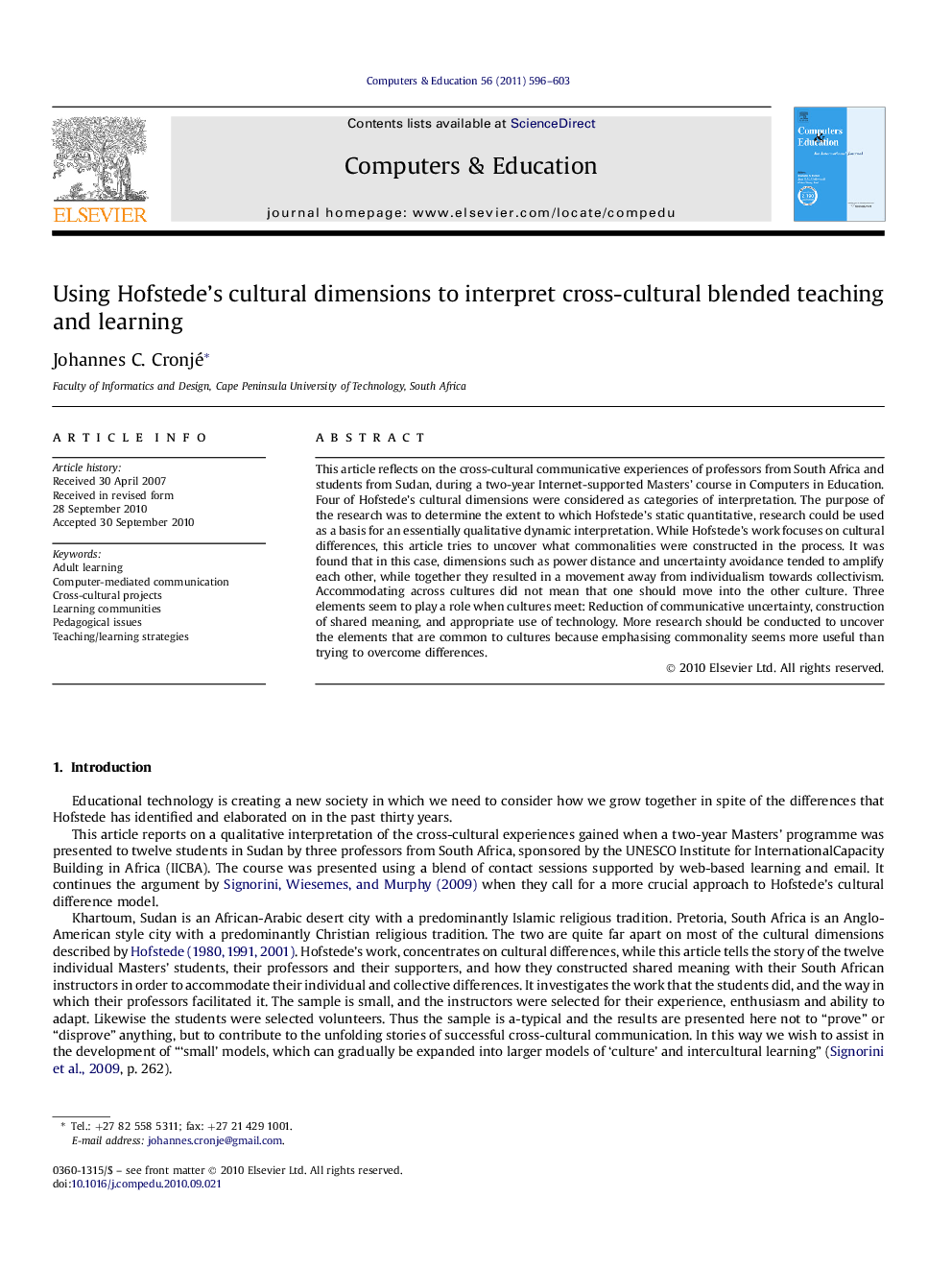 Using Hofstede’s cultural dimensions to interpret cross-cultural blended teaching and learning