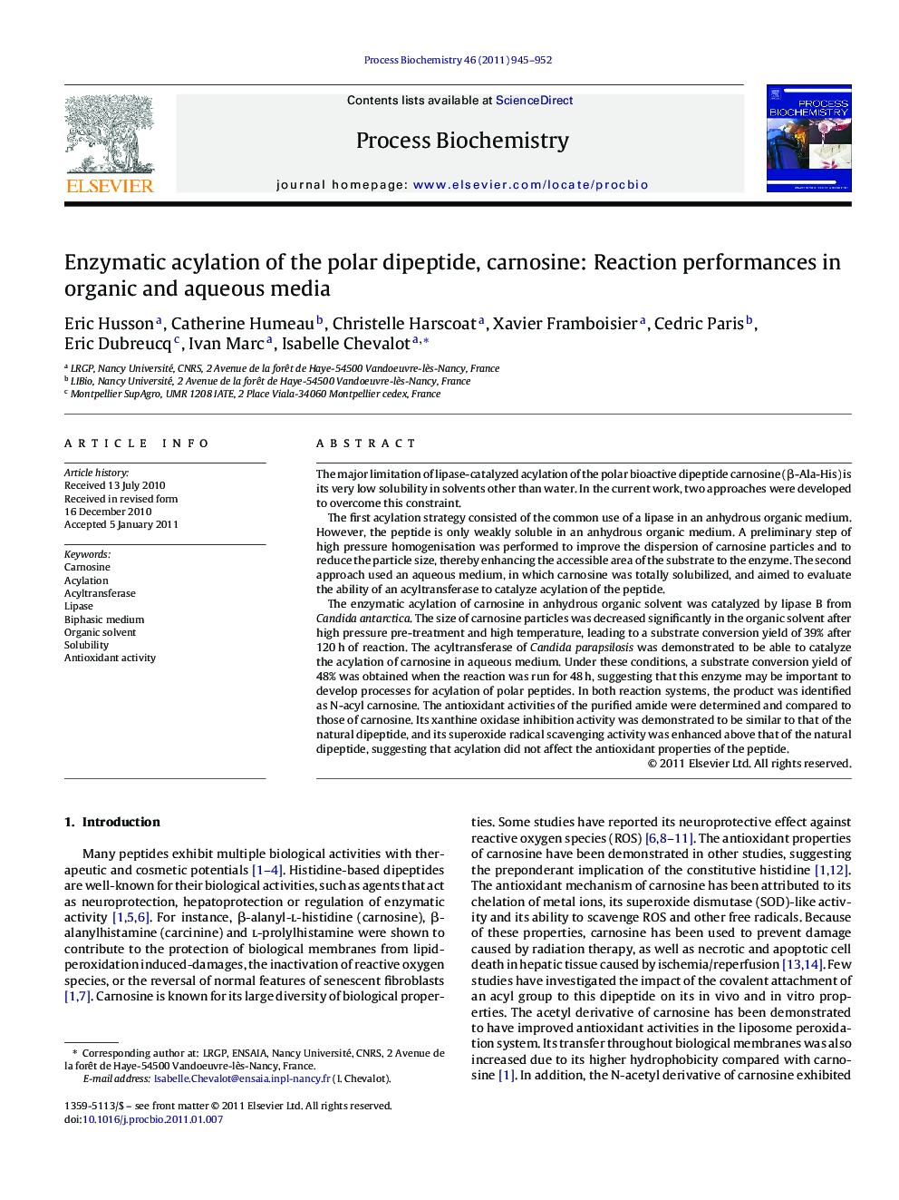 Enzymatic acylation of the polar dipeptide, carnosine: Reaction performances in organic and aqueous media