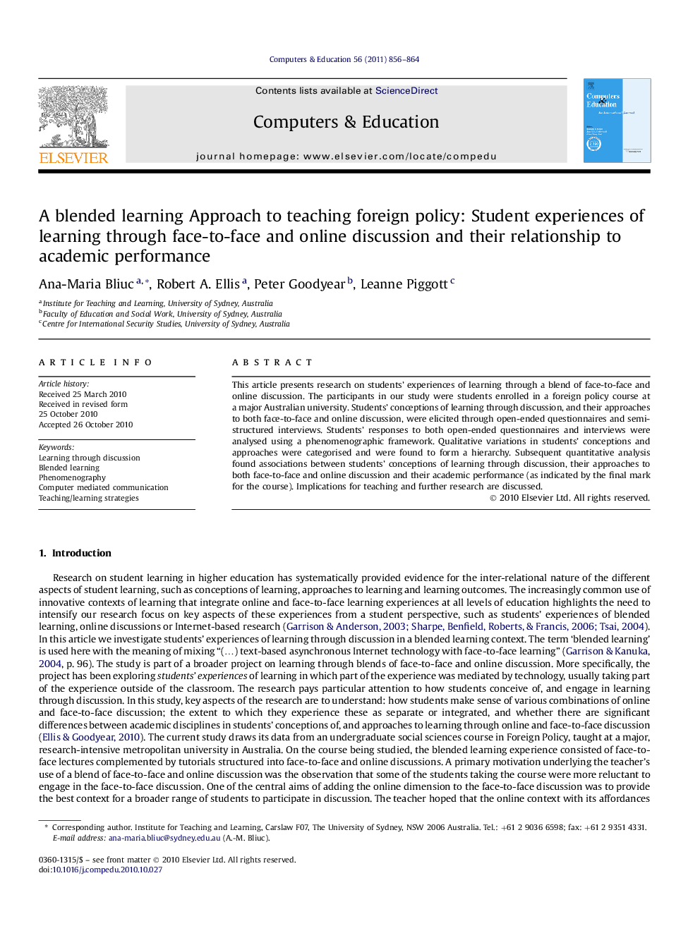 A blended learning Approach to teaching foreign policy: Student experiences of learning through face-to-face and online discussion and their relationship to academic performance