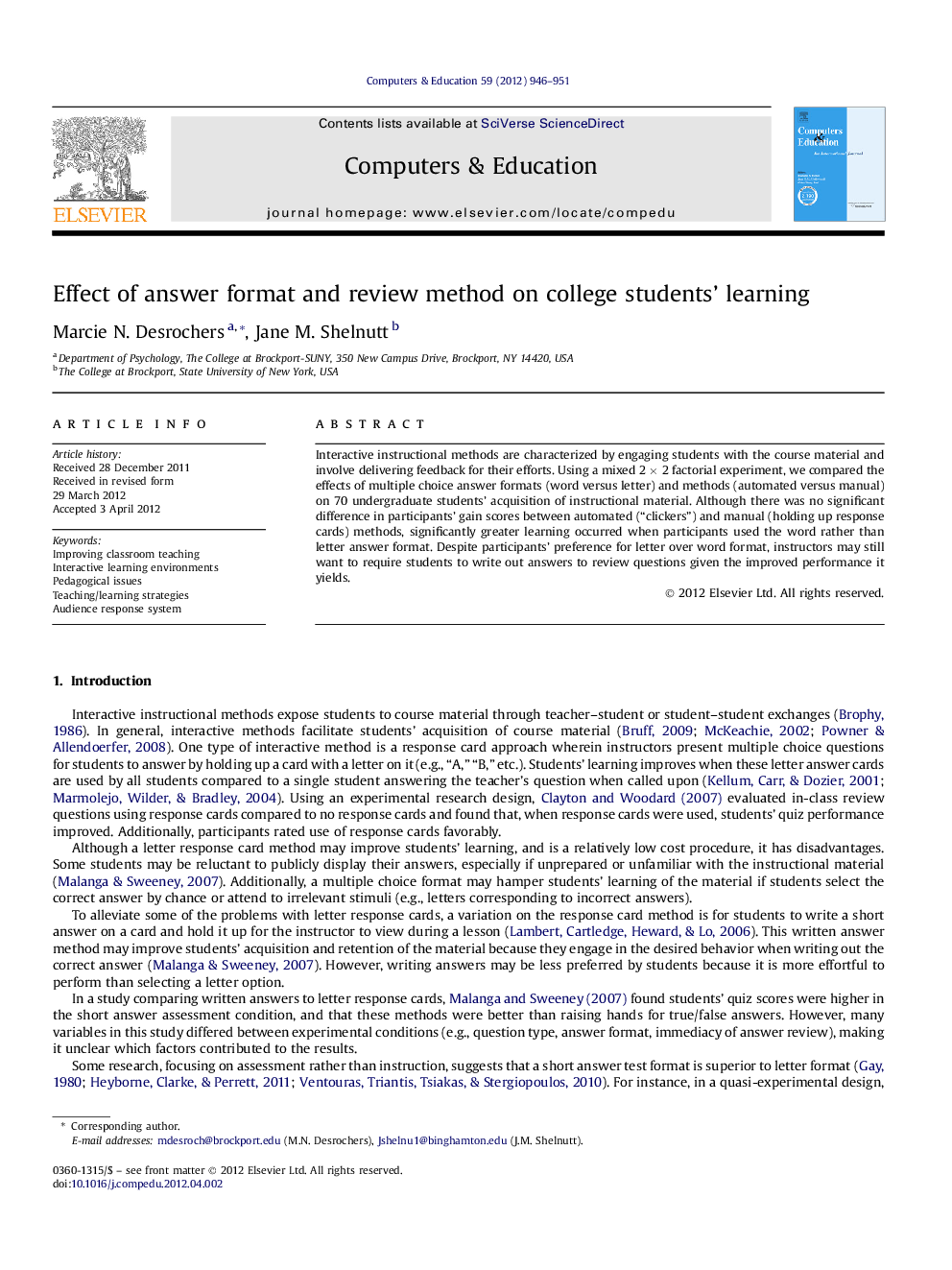 Effect of answer format and review method on college students' learning