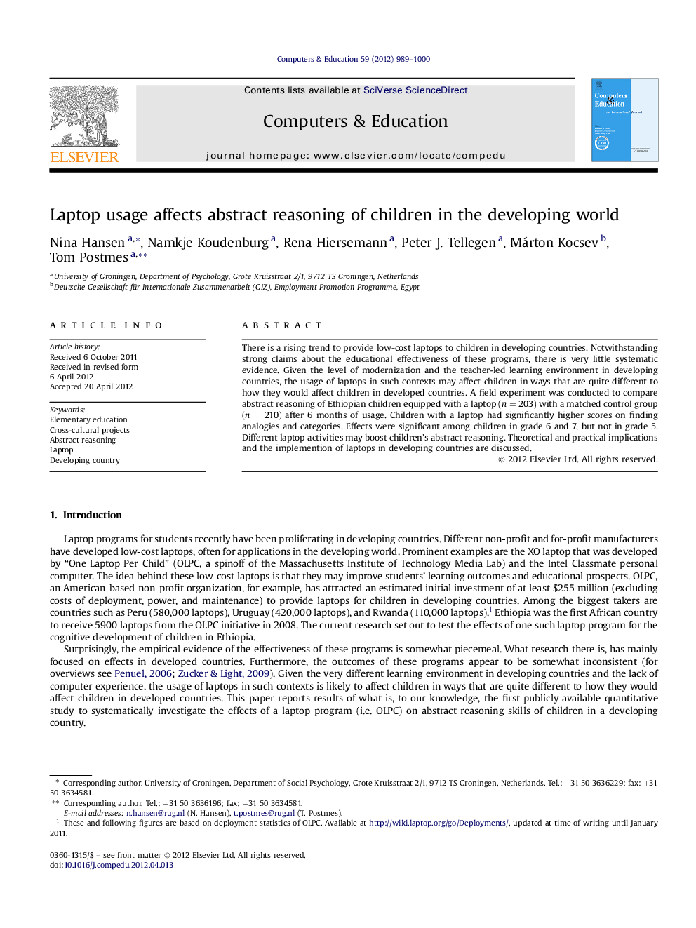 Laptop usage affects abstract reasoning of children in the developing world