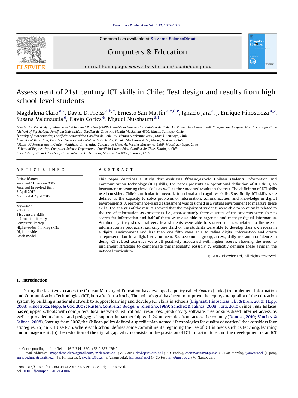 Assessment of 21st century ICT skills in Chile: Test design and results from high school level students