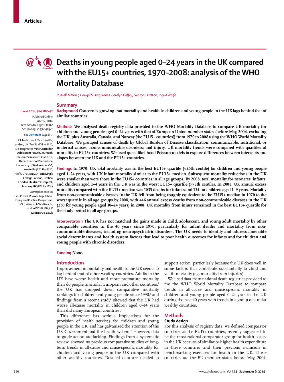 Deaths in young people aged 0–24 years in the UK compared with the EU15+ countries, 1970–2008: analysis of the WHO Mortality Database